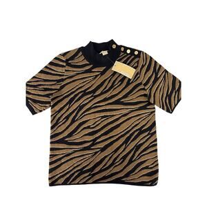 NWT MICHAEL Michael Kors Sz S Black Zebra Stripe Knit Short Sleeve Sweater